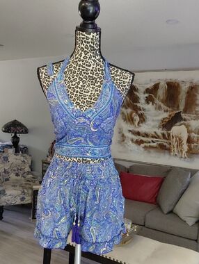 80% Art Silk Blue Paisley Two-Piece Halter Top & Shorts Set